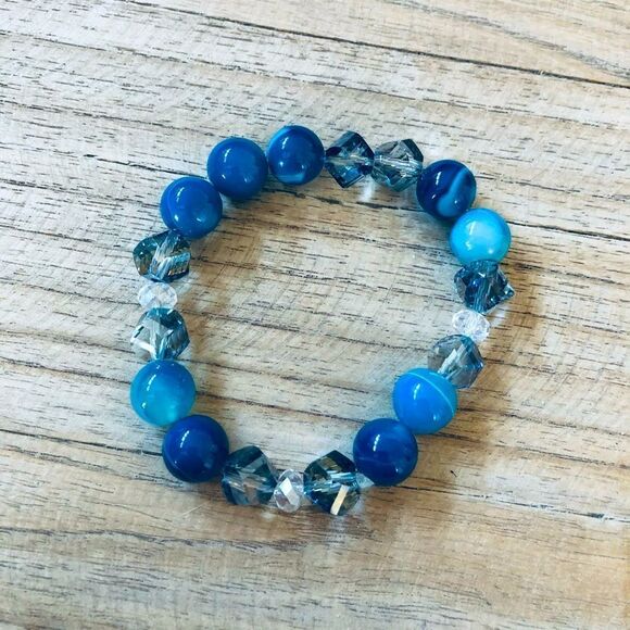 Blue Iridescent Glass Bead Stretch Bracelet - Picture 1 of 2